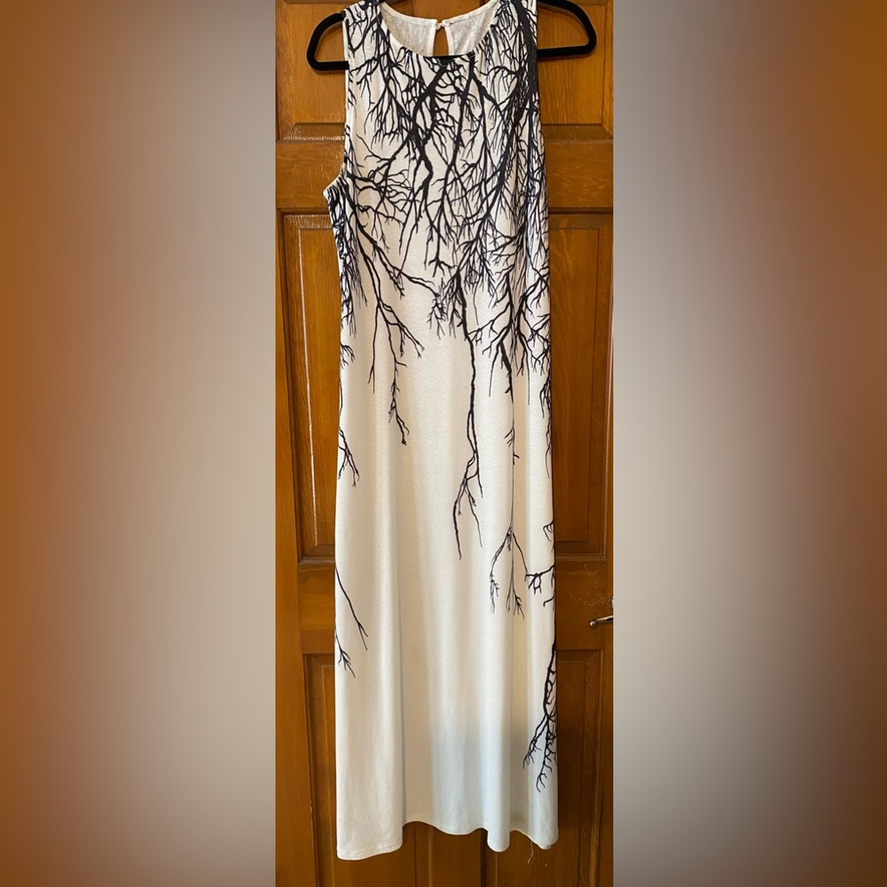 White with black branch design tank dress
